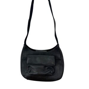 VTG Fossil Black Leather Shoulder Bag Purse Y2K Flap Pocket‎ Zip Organizer